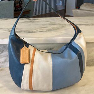Coach leather shoulder bag J2K-9298, blue, white, and tan